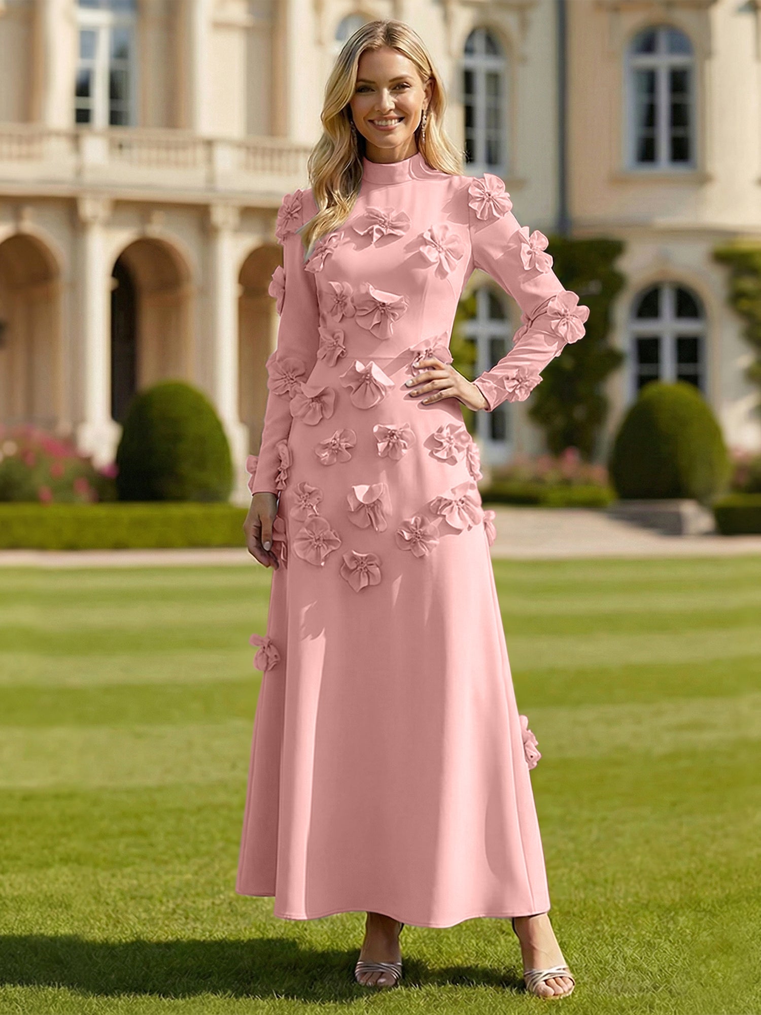 A Line High Neck Long Sleeves Stretch Crepe Dress With 3D Flowers