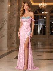 Dark Red Crystal Off-the-Shoulder Corset Prom Dress with Slit