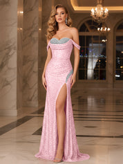 Dark Red Crystal Off-the-Shoulder Corset Prom Dress with Slit