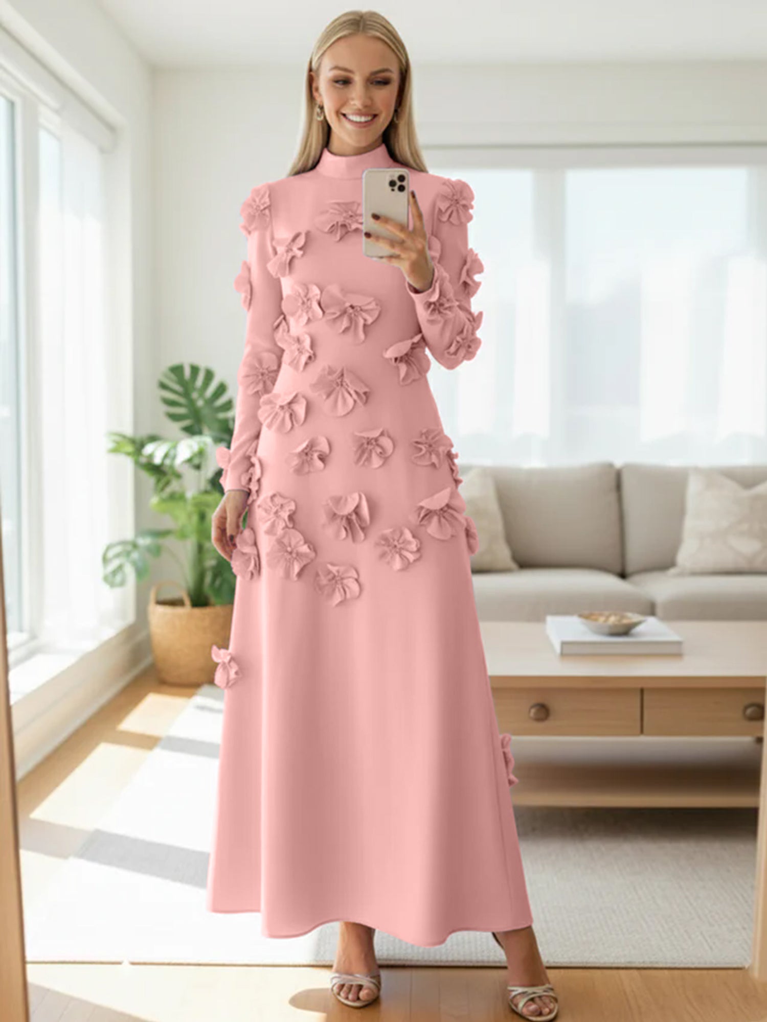 A Line High Neck Long Sleeves Floor Length Stretch Crepe Dress With 3D Flowers