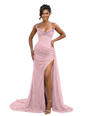 Gold Strapless Beading-Embellished Corset Prom Dress with Slit