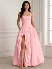 Glamorous Blush Pink Halter Corset Evening Paty Dress Gown