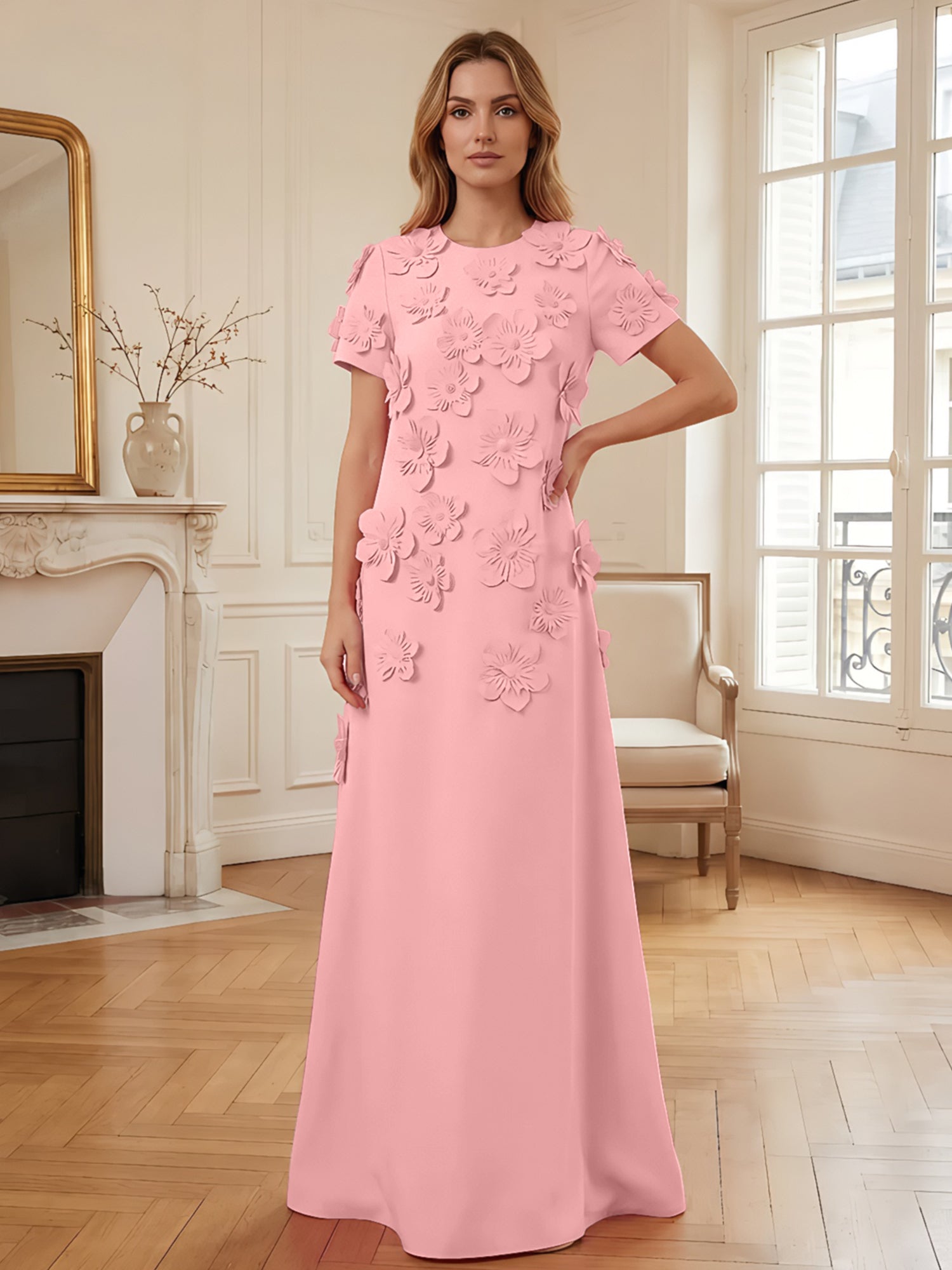 Short Sleeve Crew Neck A-Line Gown with 3D Floral Appliques Evening Dresses