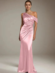 Formal Party Satin Dress Silver One-Shoulder Pleated  Floor-Length Dress
