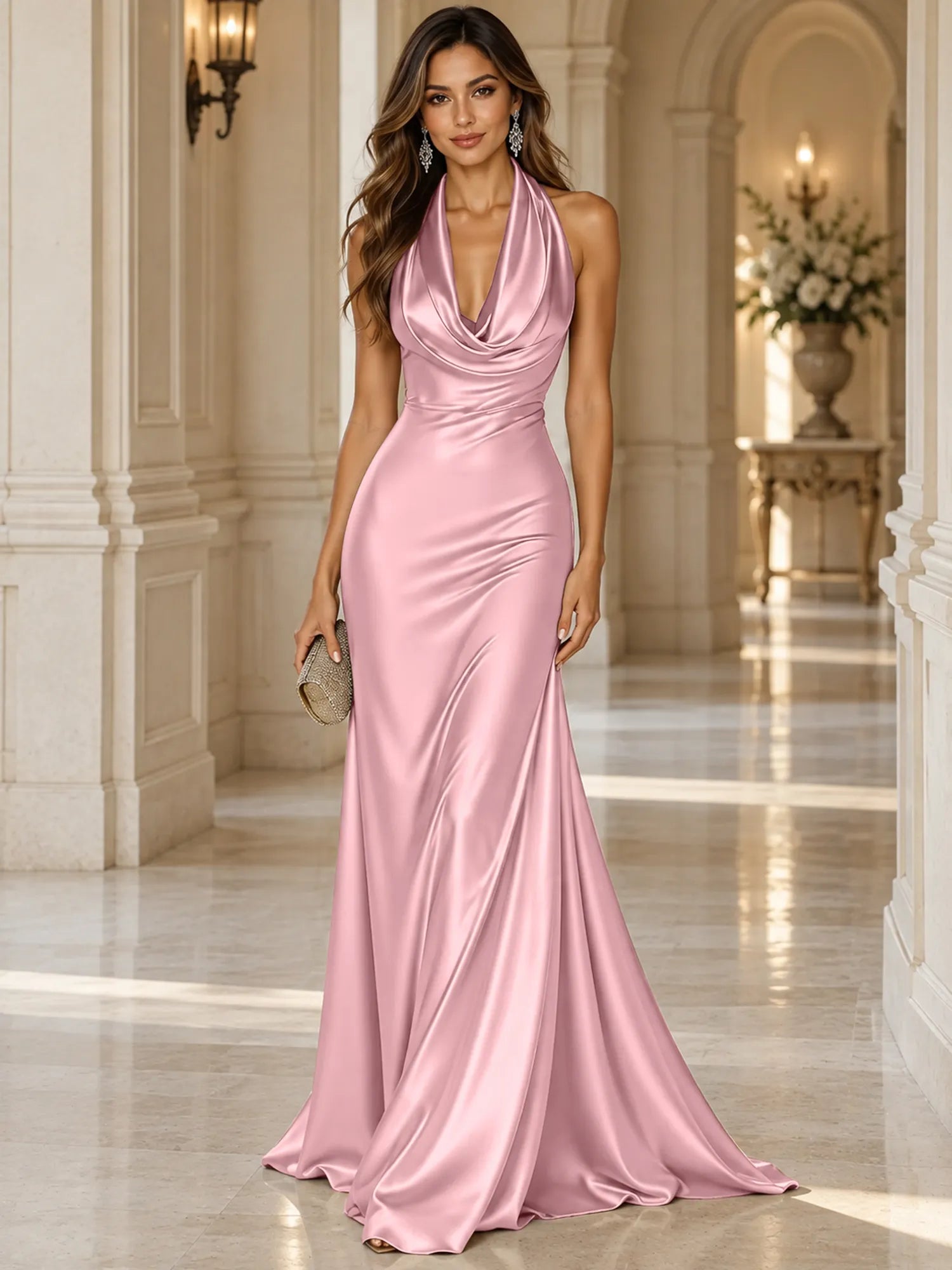 Elegant and Luxurious Cowl-neck Champagne Gold Satin Maxi Dress