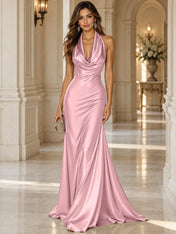 Elegant and Luxurious Cowl-neck Champagne Gold Satin Maxi Dress