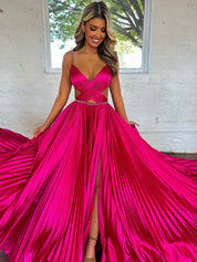Fuchsia A Line Sequin Strap Pleated Long Prom Dress with Keyhole