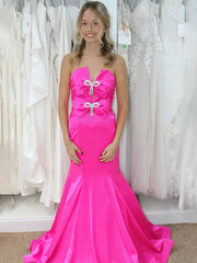 Pink Mermaid Strapless Satin Pleated Long Prom Dress with Bow