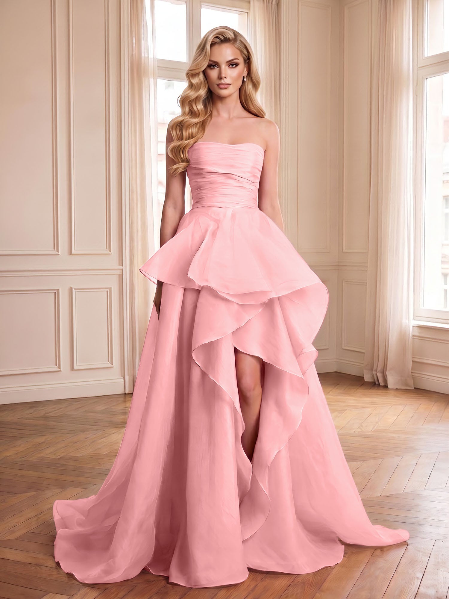 Formal Evening Tiered Dress Pink Strapless Maxi Gown