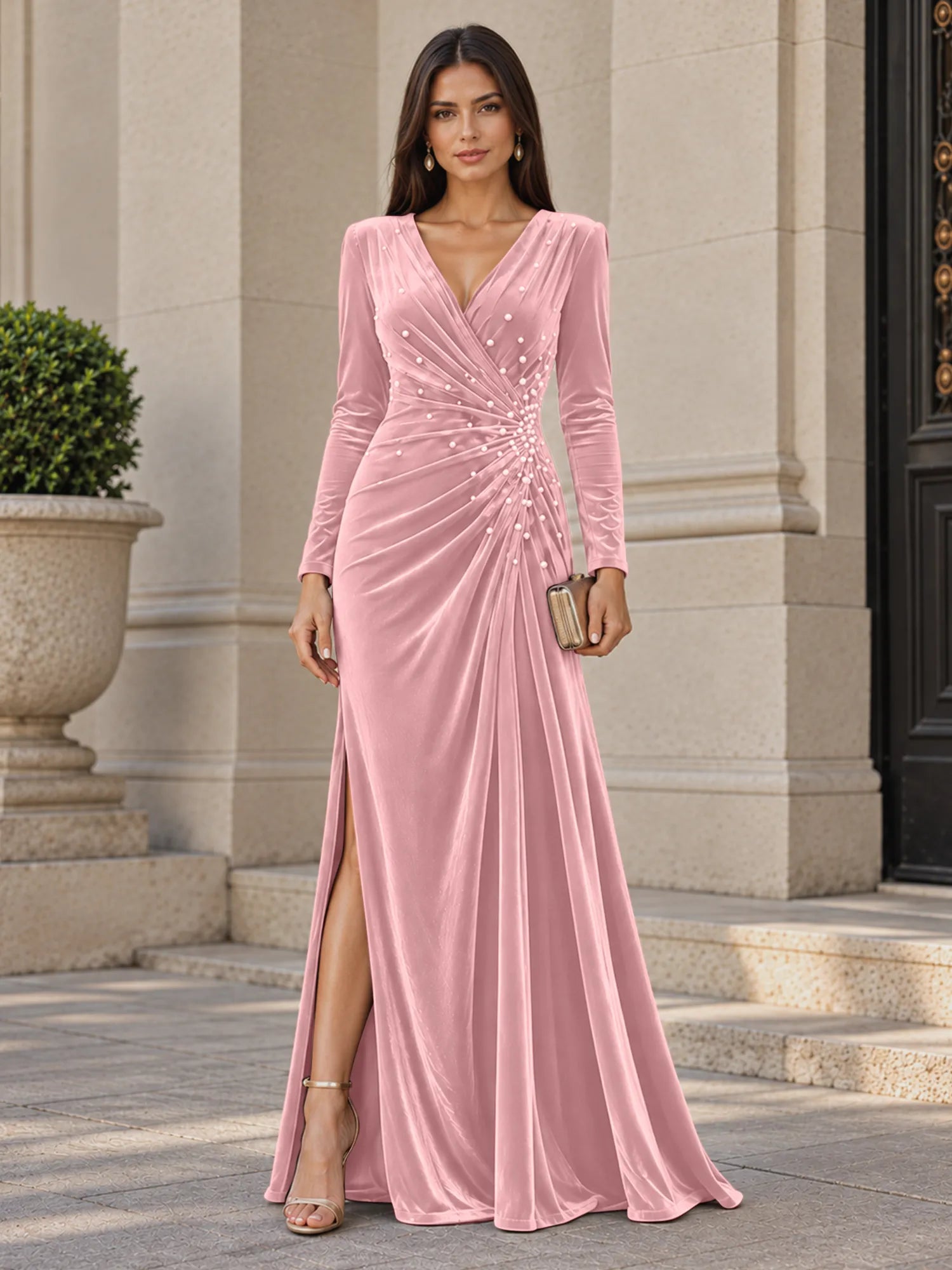 V-Neck Pearl Ruched Burgundy Velvet Floor-Length Evening Dresses with Long Sleeves
