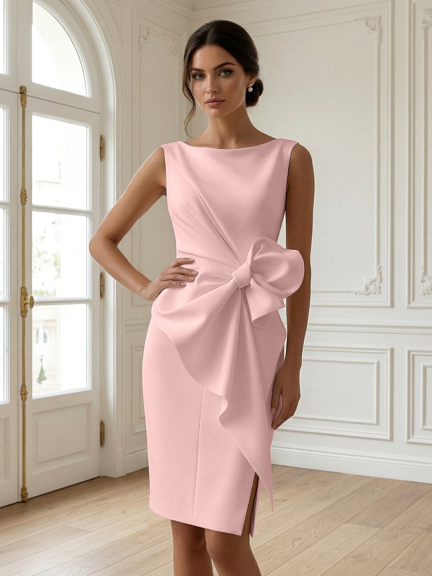 White 3D Bow Sleeveless Sheath Midi Dress Evening Gown
