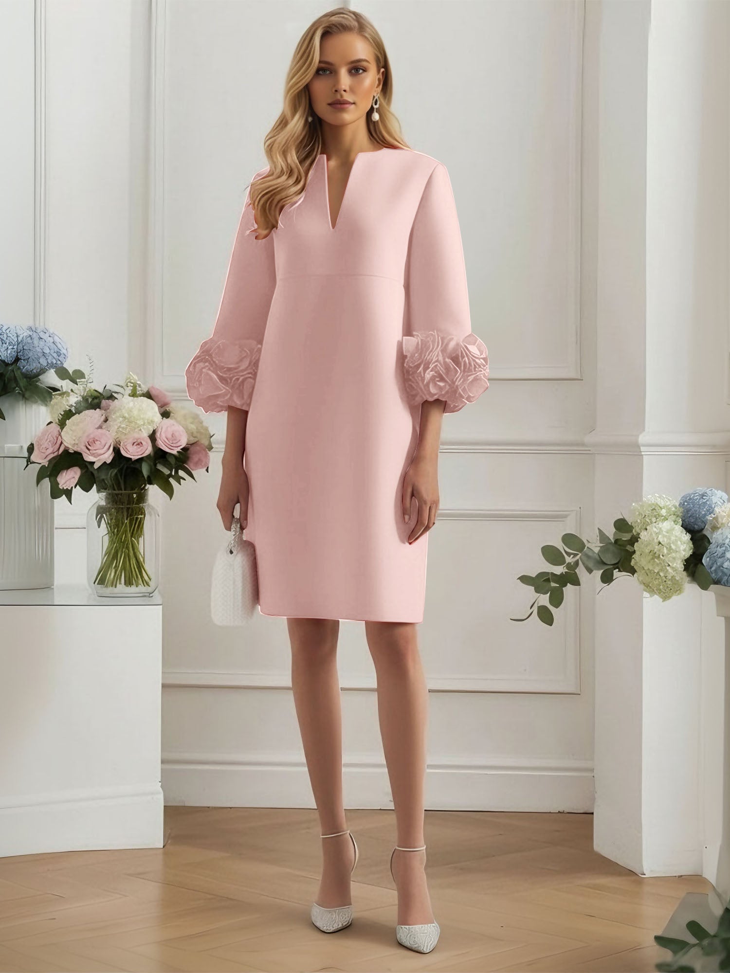 3D Floral Classic Notched Long Sleeve A-Line Midi Dress