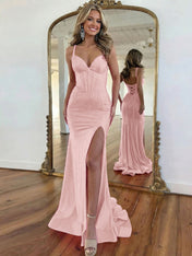 Hot Pink Lace-Up Back Corset Shimmer Prom Dresses with Slit
