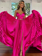 Fuchsia A Line Sequin Strap Pleated Long Prom Dress with Keyhole