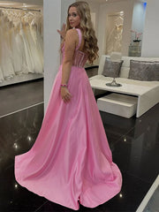 Pink A-Line V-Neck Satin Pleated Long Prom Dress with Slit