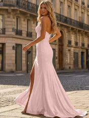 Yellow Beaded Halter Corset Prom Dress with High Slit