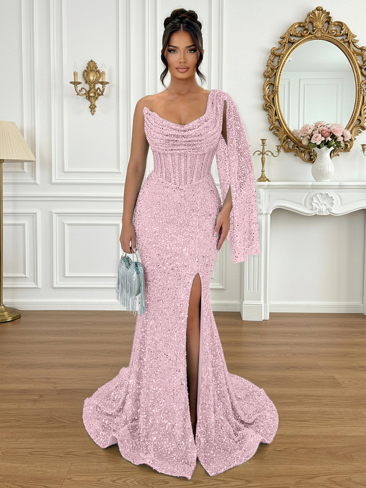Glamorous Ice Blue One-Shoulder Sequin Corset Mermaid Prom Dresses with Slit