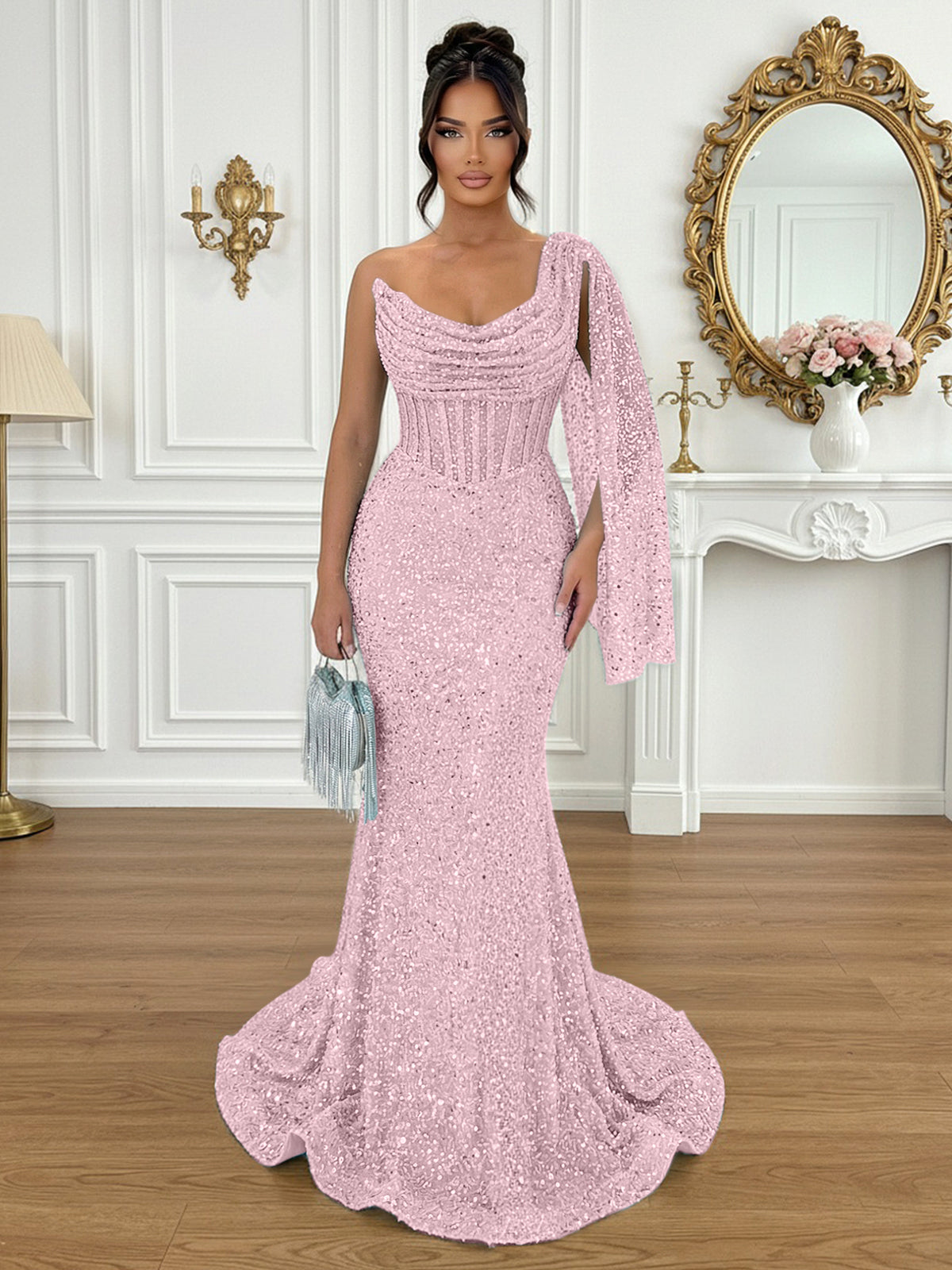 Glamorous Ice Blue One-Shoulder Sequin Corset Mermaid Prom Dresses