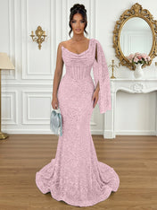 Glamorous Ice Blue One-Shoulder Sequin Corset Mermaid Prom Dresses