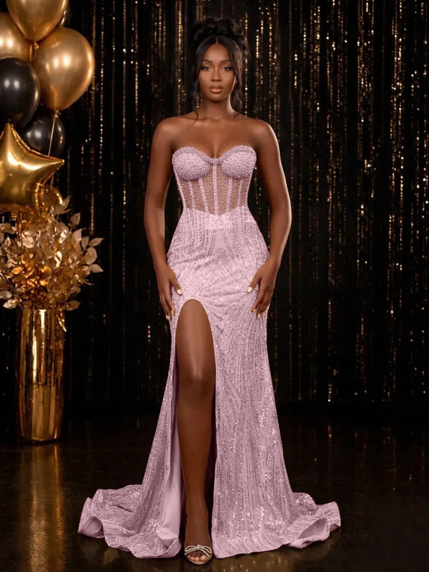 Strapless Sequin-Embellished Mermaid Prom Dress