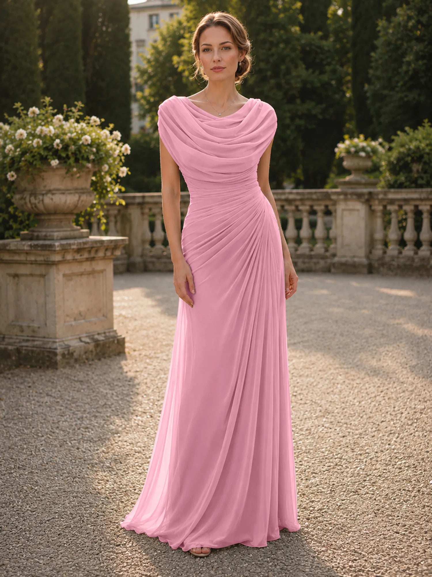Cowl Neck Mermaid Evening Dresses with Flowing Floor-Length Skirt