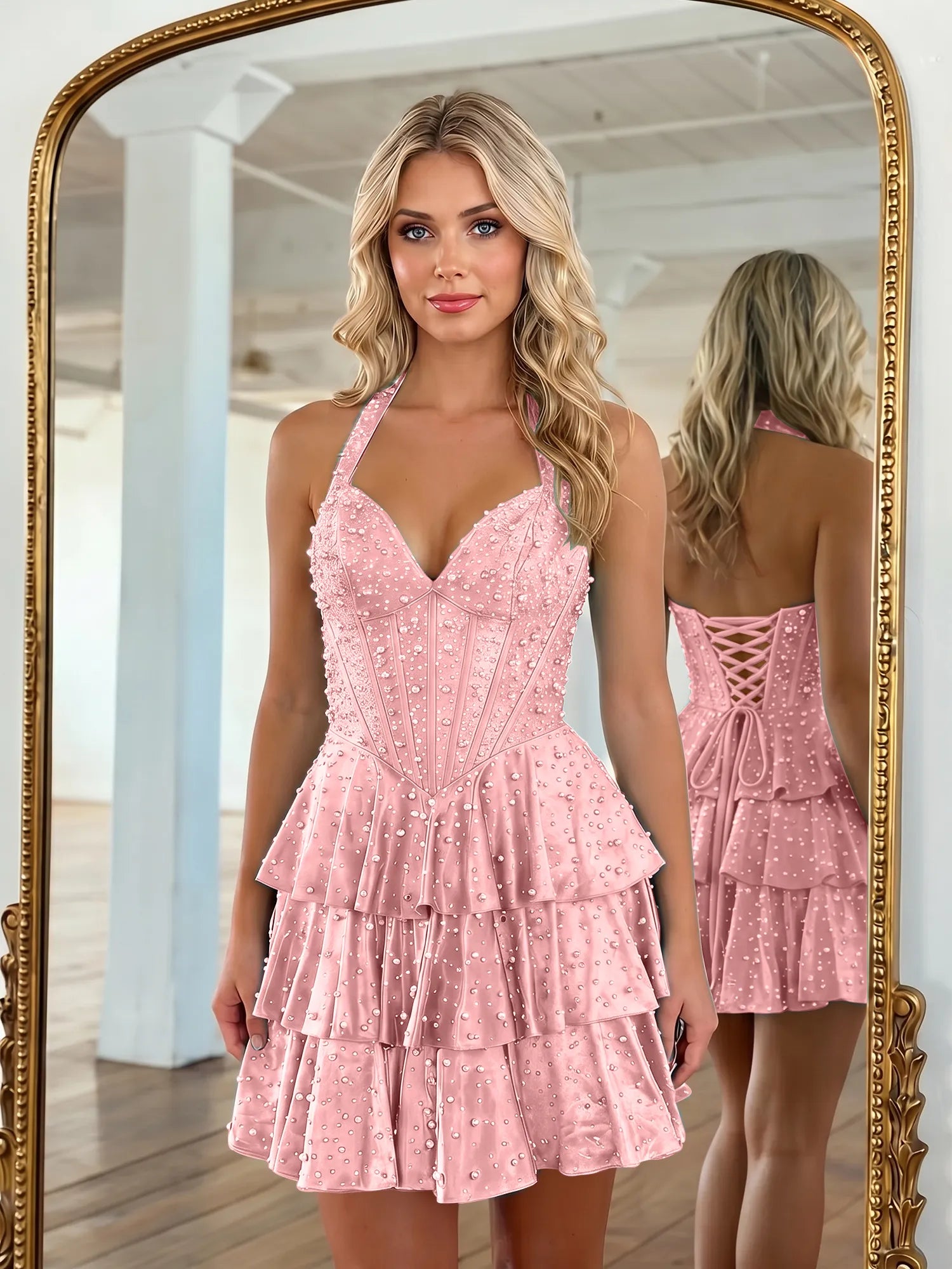 Halter Neck Pearl Beaded Tiered Short Homecoming Dresses