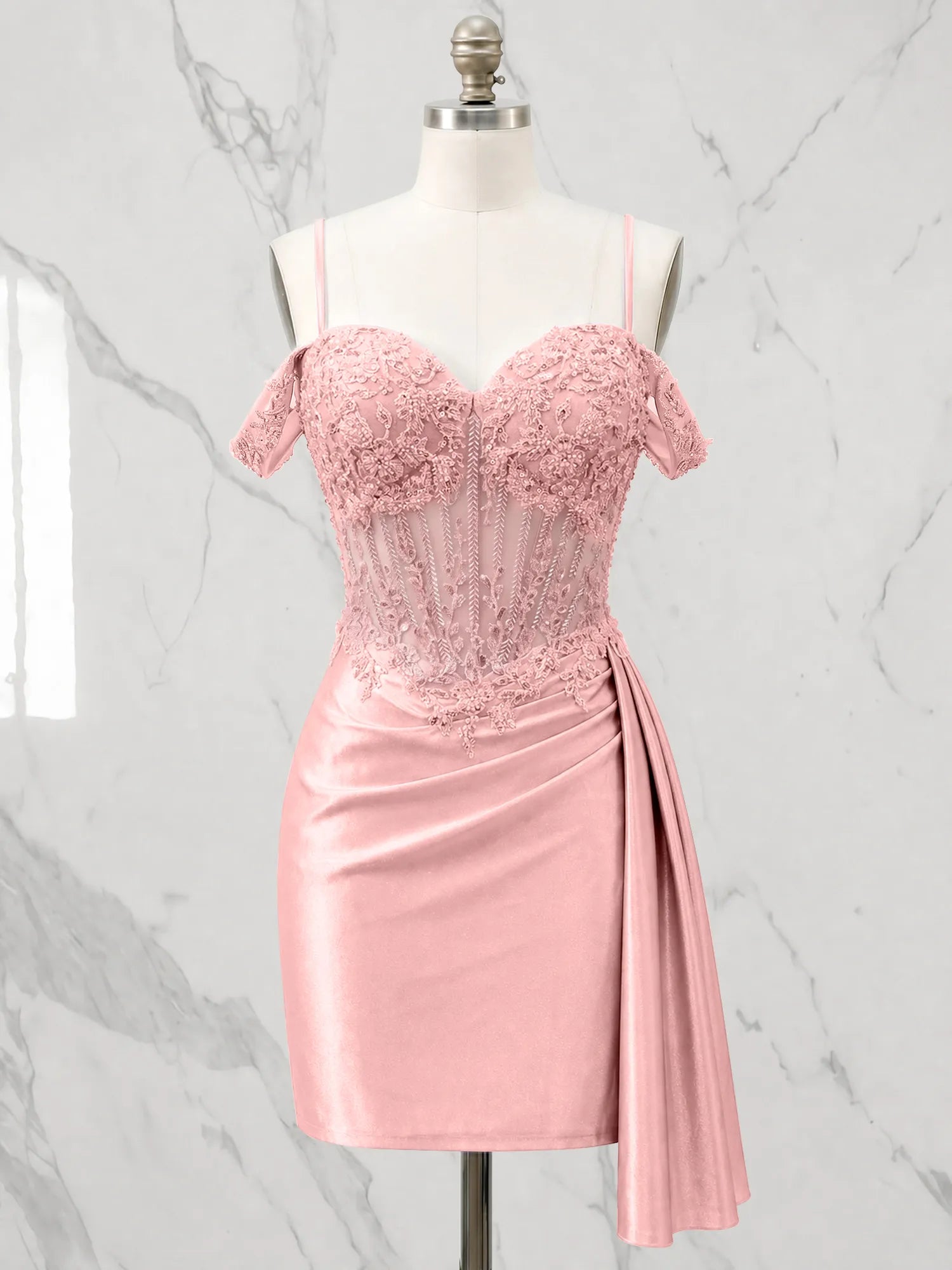 Sweetheart Sheer Corset Mini Dress with Cascading Side Drape Homecoming Dresses