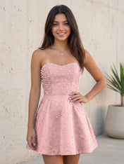 Baby Blue All Over Pearl Strapless Satin A-Line Mini Homecoming Dresses