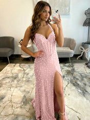 Glamorous Champagne Pearl Beaded Corset Prom Dress with Slit