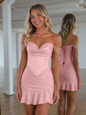 Sweetheart Neck Pearl Strap Beaded Mini Homecoming Dress