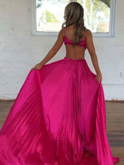 Fuchsia A Line Sequin Strap Pleated Long Prom Dress with Keyhole