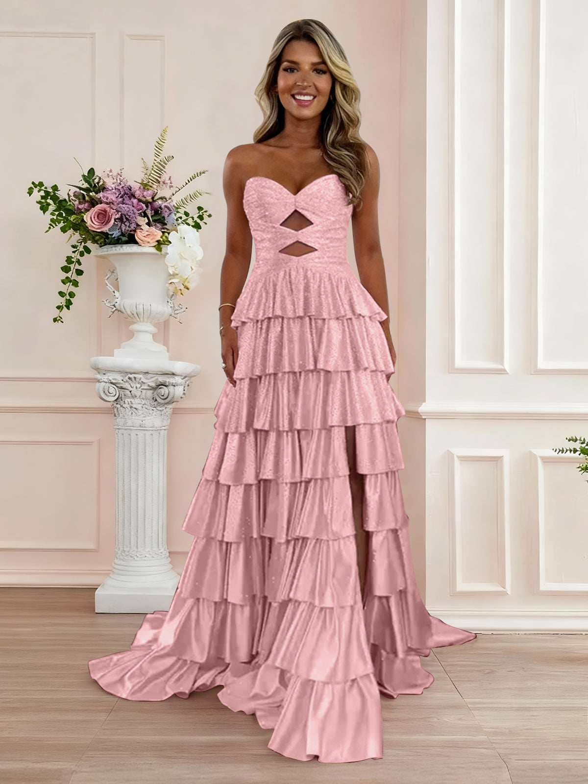 A Line Strapless Sweetheart Satin Prom Dress with Keyhole