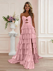 A Line Strapless Sweetheart Satin Prom Dress with Keyhole