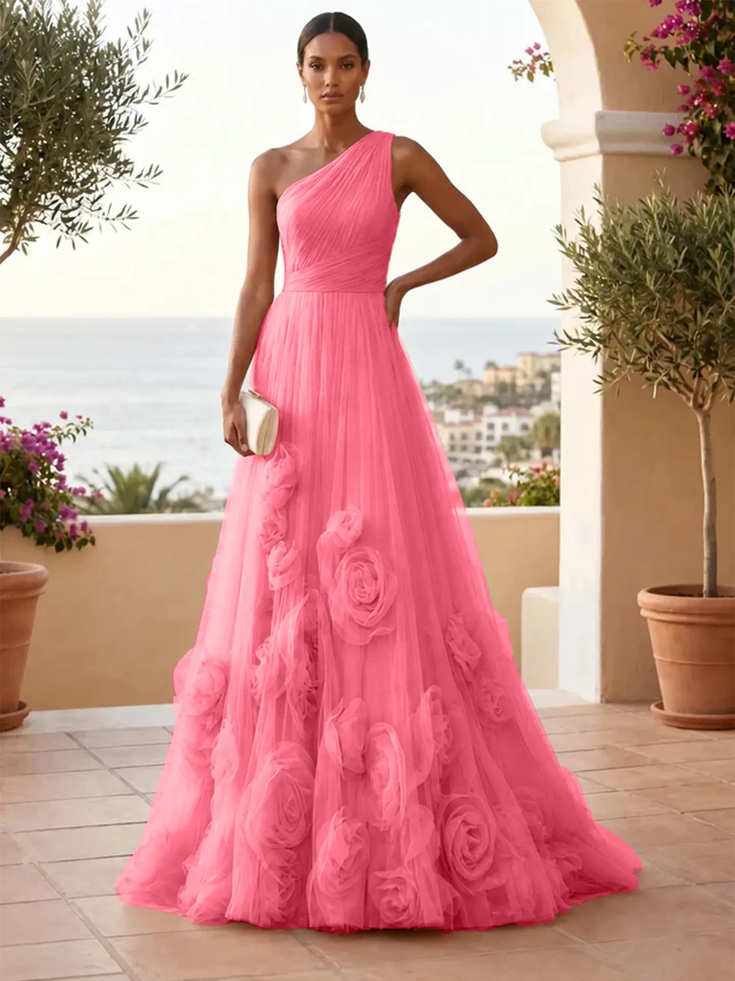 One-Shoulder Sweetheart Tulle Ball Gown with 3D Floral Accents Evening Dresses