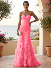 Sweetheart Tulle Pleat Mermaid Evening Dresses with 3D Flower