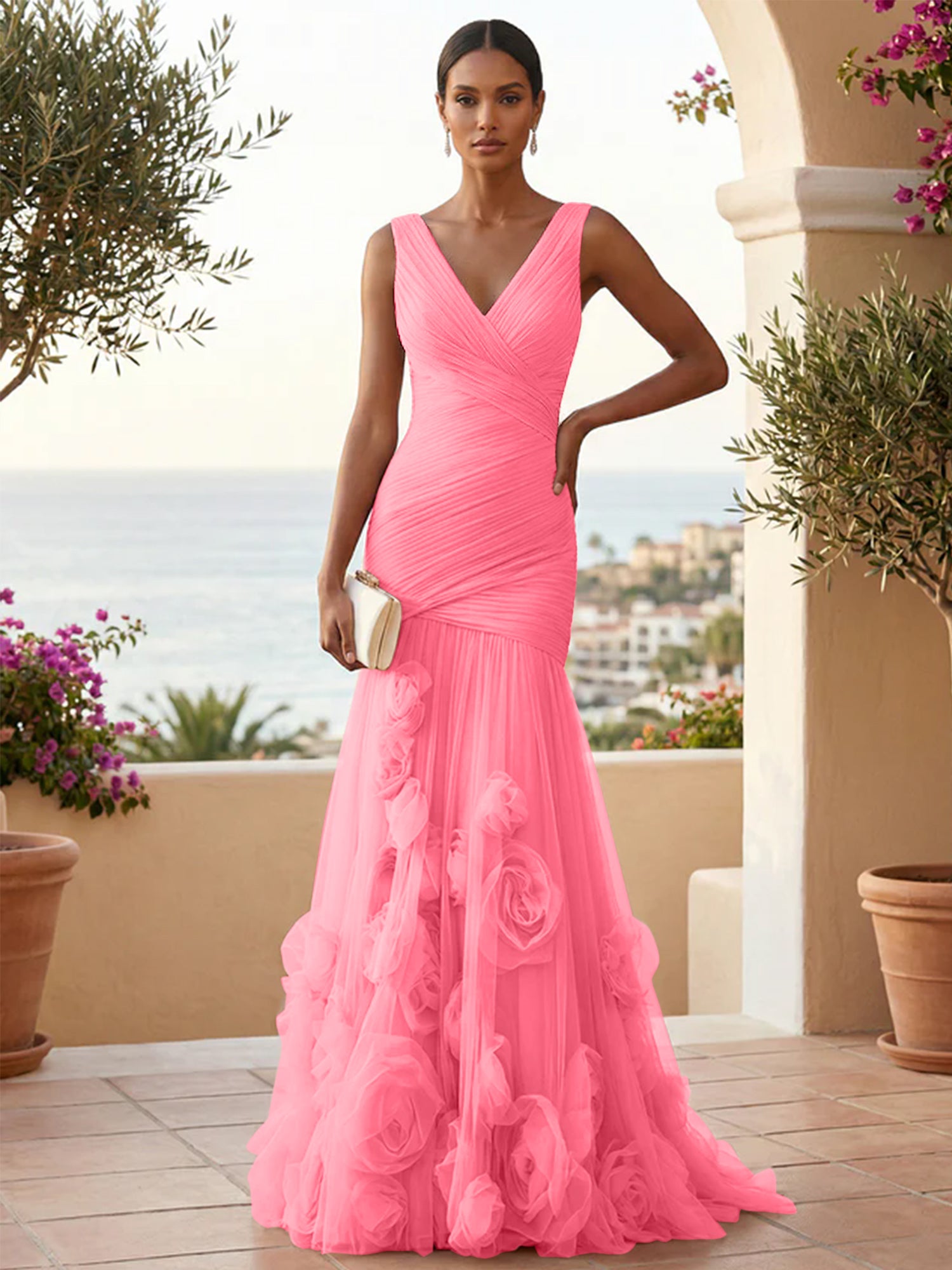 Sweetheart Tulle V Neck Pleat Mermaid Evening Dresses with 3D Flower