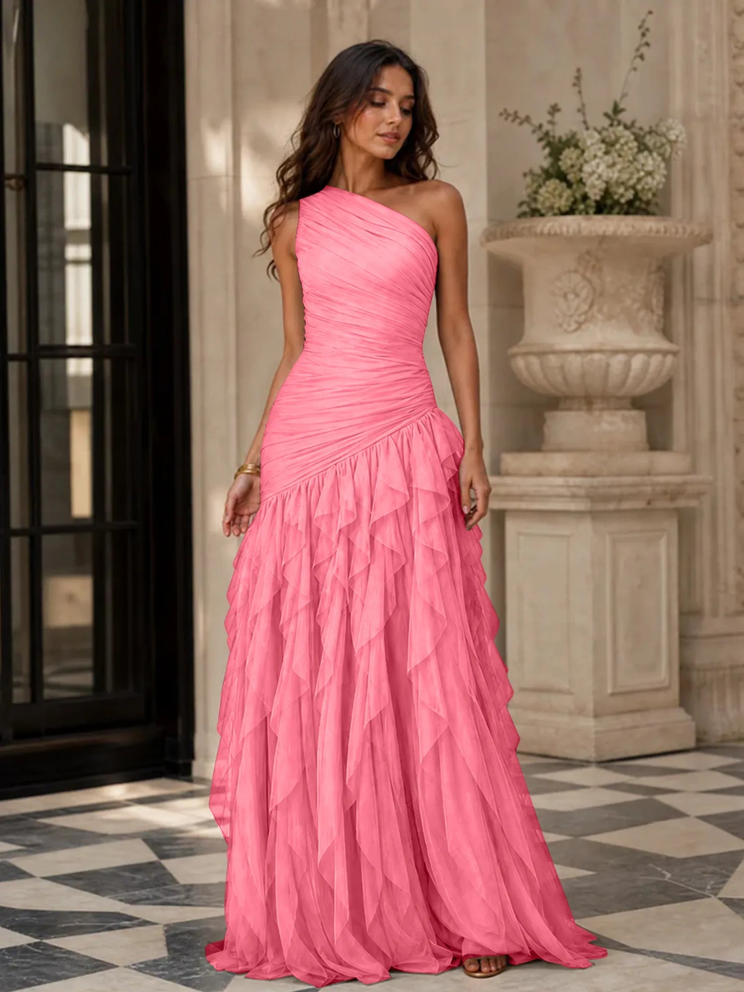 Emerald Green One-Shoulder Ruched Asymmetric Ruffle Chiffon Floor-Length Gown Dress
