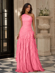 Emerald Green One-Shoulder Ruched Asymmetric Ruffle Chiffon Floor-Length Gown Dress
