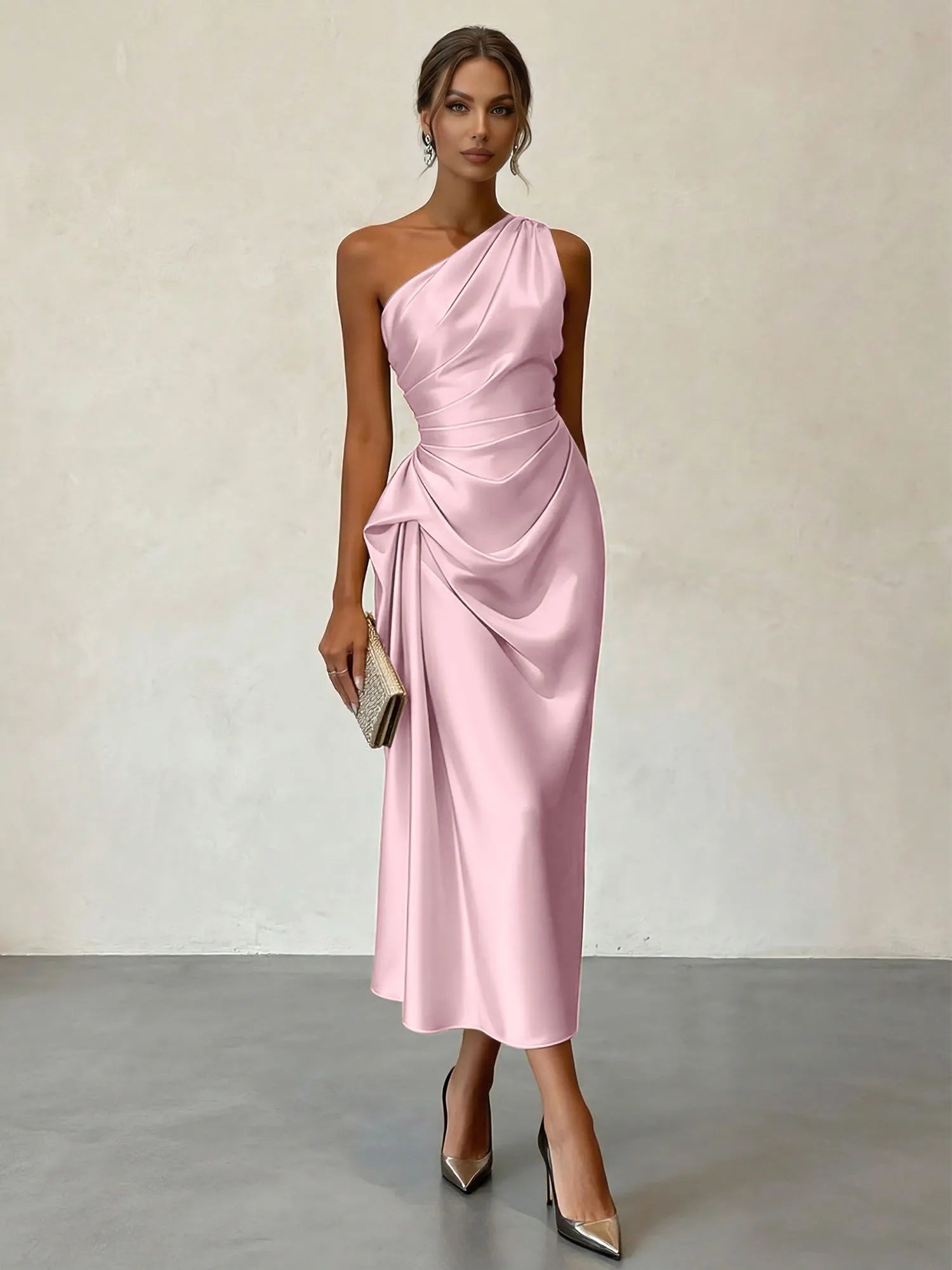 Champagne Ruched Satin One Shoulder Sleeveless Sheath Midi Dress