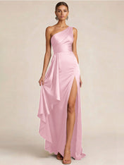 Sleek Foraml Evening Gown Midnight Navy One-Shoulder Satin Slit Maxi Dress