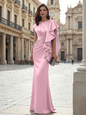 Elegant Formal Evening Dress Moonlight Silver Asymmetrical Ruffle Satin Gown