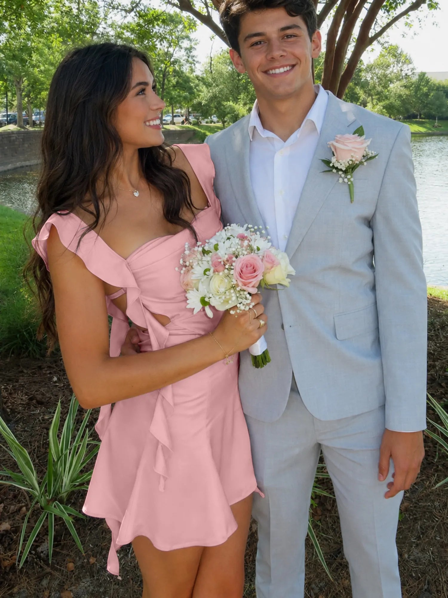 Ruffle Strap Short Homecoming Dress with Cutouts