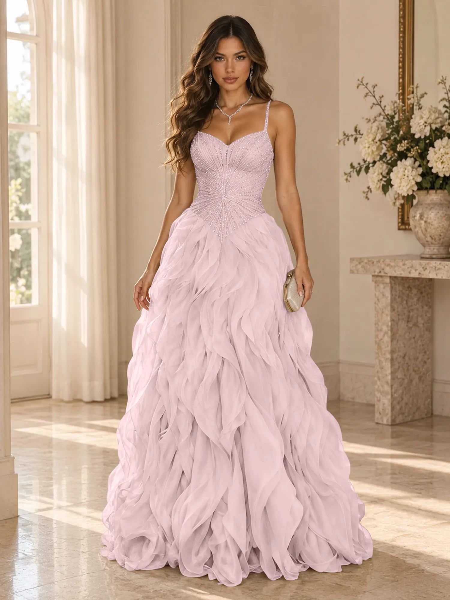 Elegant Beaded Spaghetti Strap Tiered Ruffle Ball Gown Evening Dress