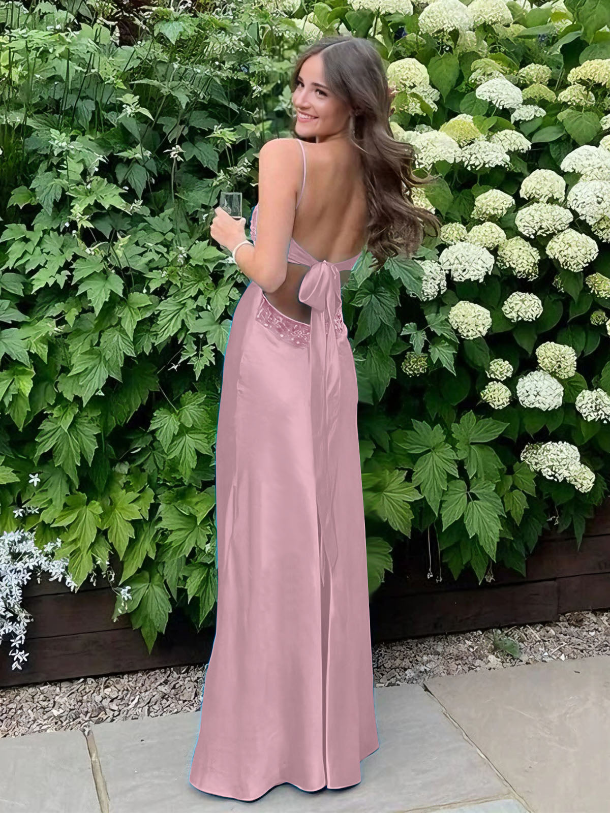 Blue A Line V-neck Beaded Back Tie Long Prom Dress