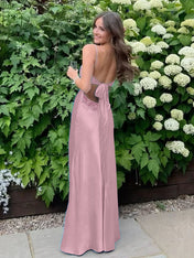 Blue A Line V-neck Beaded Back Tie Long Prom Dress