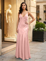 Green Appliques Soft Satin Long Prom Party Dress