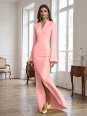 Yellow Long Bell Sleeve Mermaid Evening Gown with Asymmetric V-Neck Formal Dresses