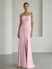 Glamorous Formal Evening Dress Soft Blush Beaded Strapless Slit Gown