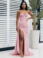 Glitter Orange Strapless Mermaid Sequined Long Prom Dress with Slit