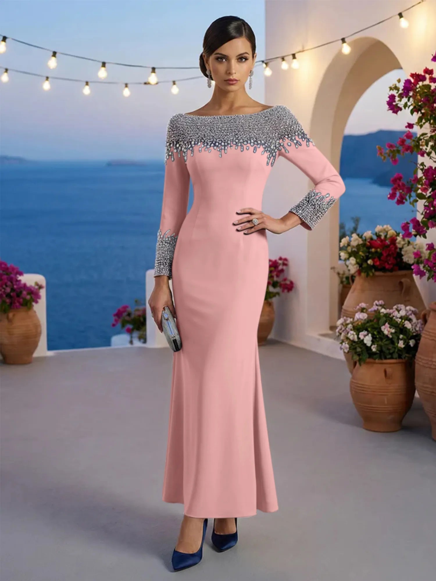 Formal Evening Dress Blue Velvet Long Sleeves Maxi Dress with Crystal